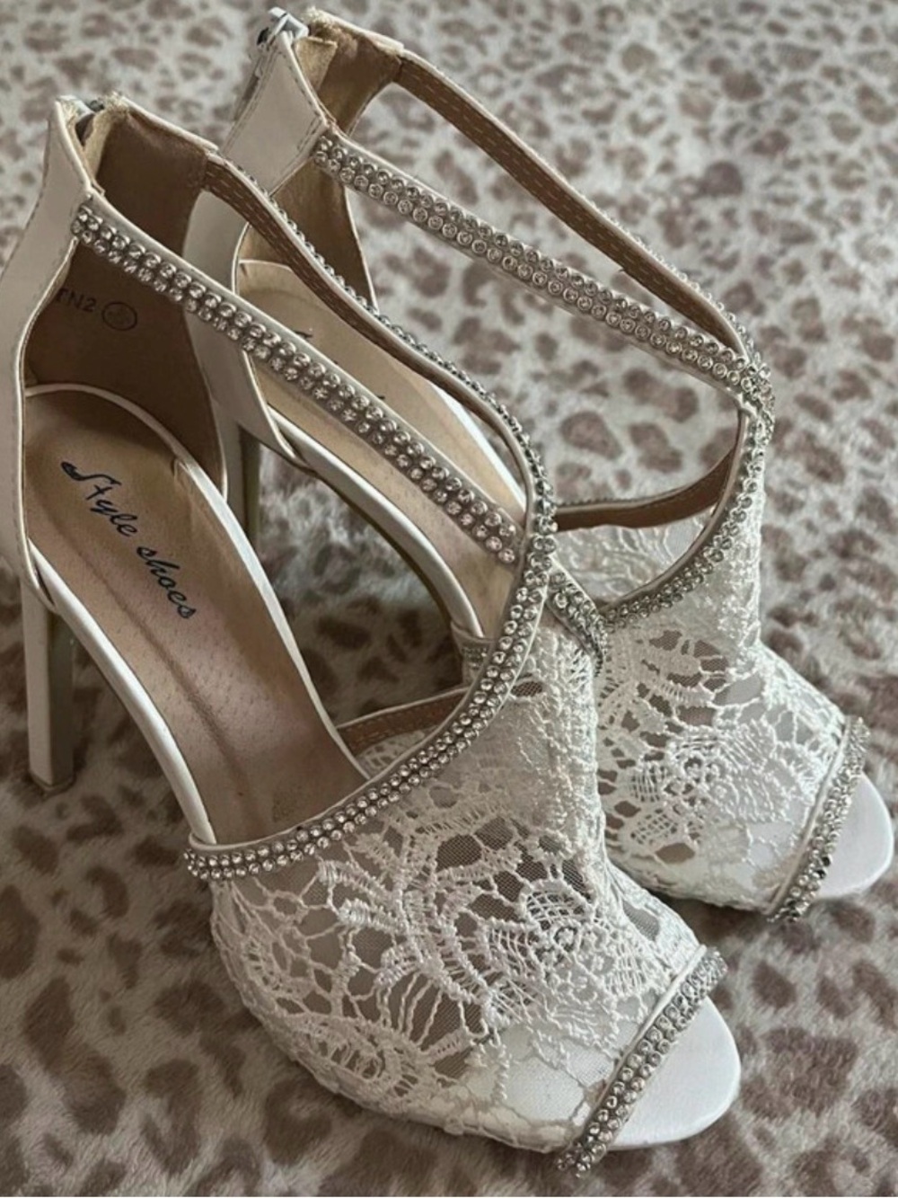 Ivory Lace&Crystal T-Strap Heels